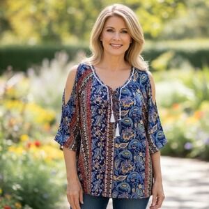 Bohemian‎ Cold Shoulder Paisley Blouse   V-Neck Printed Rayon Top Size M EUC